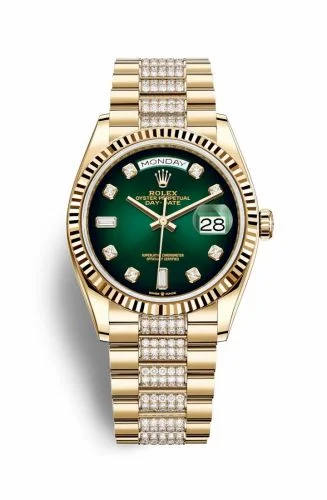 Rolex Day-Date 36 Yellow Gold / Fluted / Green Ombré-Diamond / President-Diamond 128238-0070 (M128238-0070)